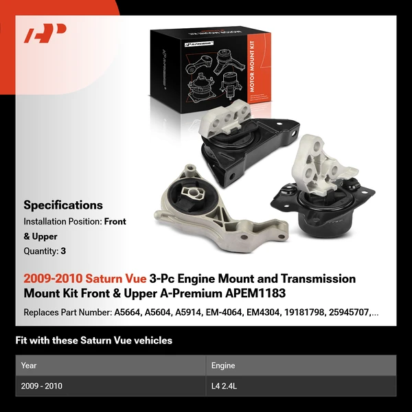 2009-2010 Saturn Vue 3-Pc Engine Mount and Transmission Mount Kit Front & Upper A-Premium APEM1183
