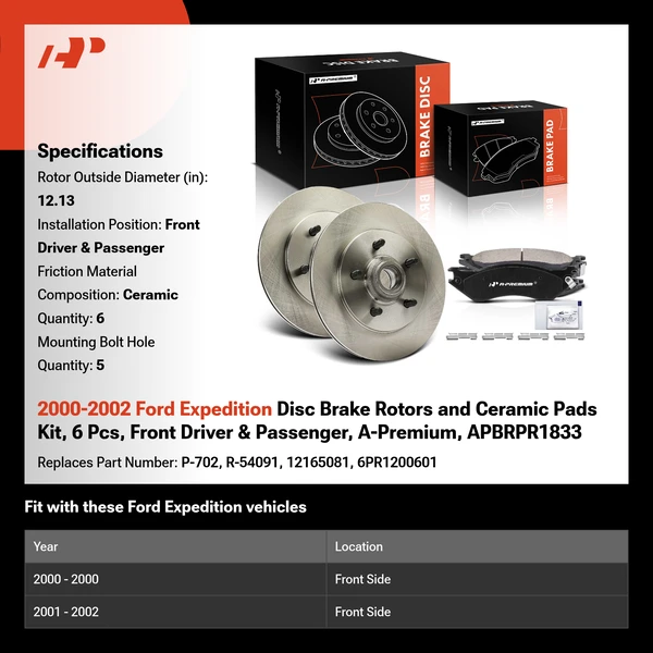 2000-2002 Ford Expedition Disc Brake Rotors and Ceramic Pads Kit, 6 Pcs, Front Driver & Passenger, A-Premium, APBRPR1833