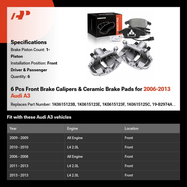 6 Pcs Front Brake Calipers & Ceramic Brake Pads for 2006-2013 Audi A3
