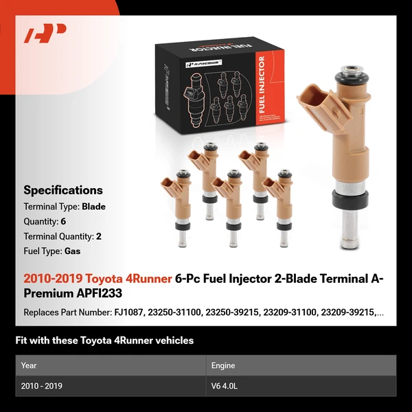 2010-2019 Toyota 4Runner 6-Pc Fuel Injector 2-Blade Terminal A-Premium APFI233