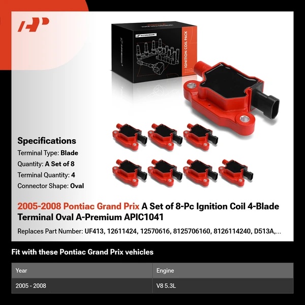 2005-2008 Pontiac Grand Prix A Set of 8-Pc Ignition Coil 4-Blade Terminal Oval A-Premium APIC1041