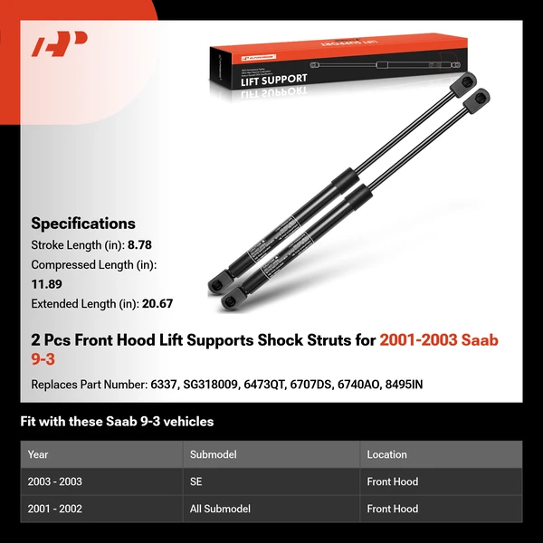 2 Pcs Front Hood Lift Supports Shock Struts for 2001-2003 Saab 9-3