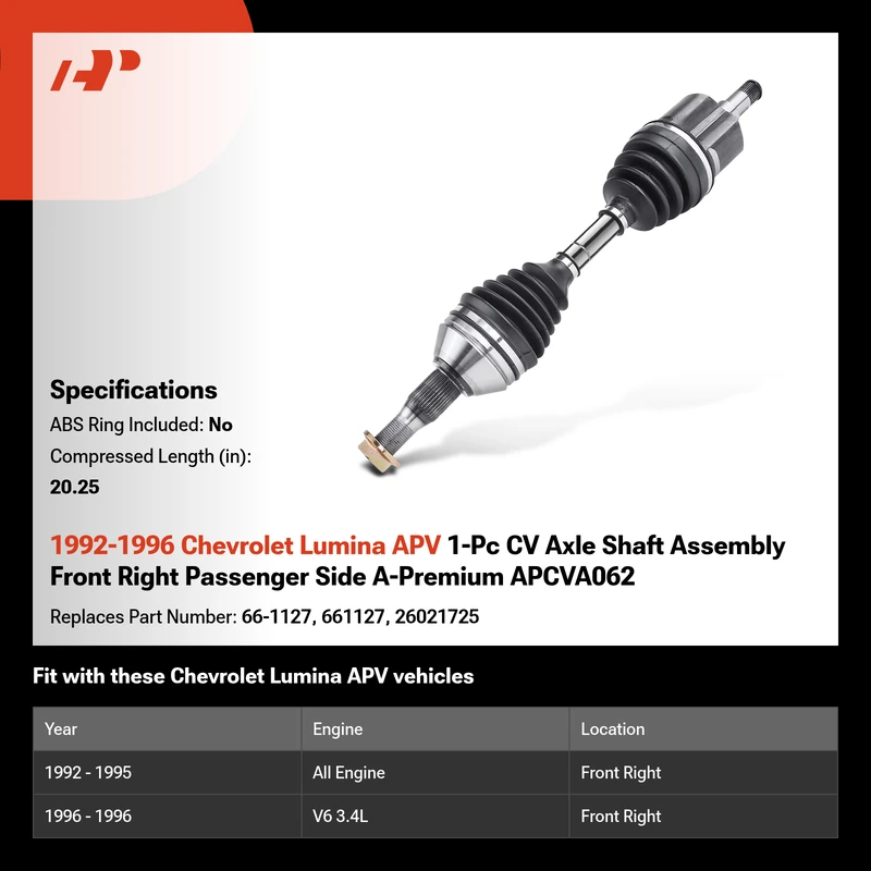 1992-1996 Chevrolet Lumina APV 1-Pc CV Axle Shaft Assembly Front Right Passenger Side A-Premium APCVA062
