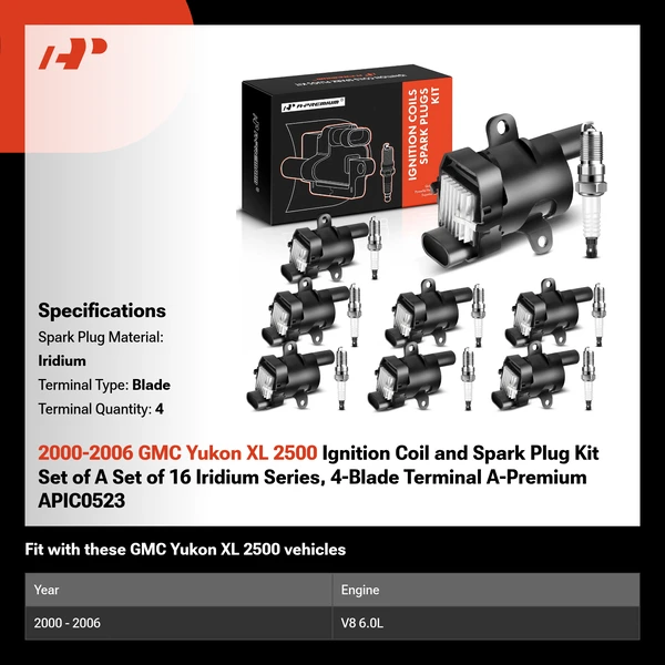 2000-2006 GMC Yukon XL 2500 Ignition Coil and Spark Plug Kit Set of A Set of 16 Iridium Series, 4-Blade Terminal A-Premium APIC0523