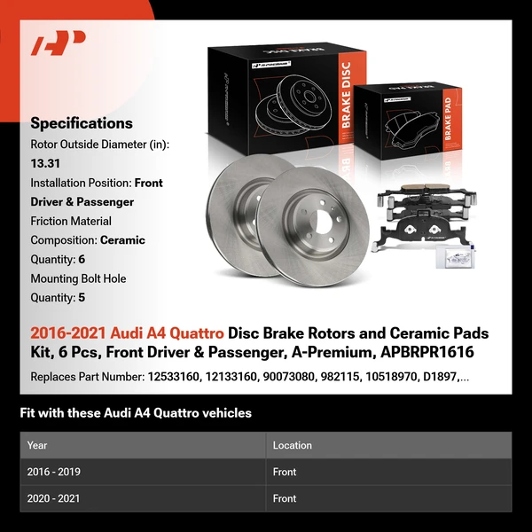 2016-2021 Audi A4 Quattro Disc Brake Rotors and Ceramic Pads Kit, 6 Pcs, Front Driver & Passenger, A-Premium, APBRPR1616
