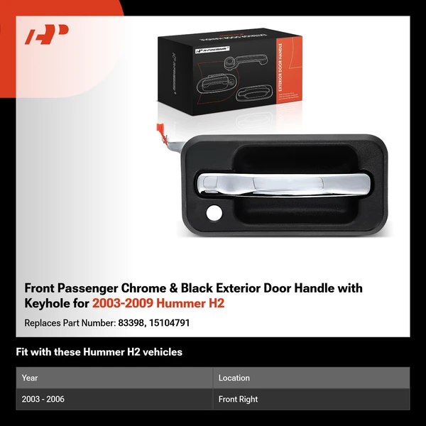 Front Passenger Chrome & Black Exterior Door Handle with Keyhole for 2003-2009 Hummer H2
