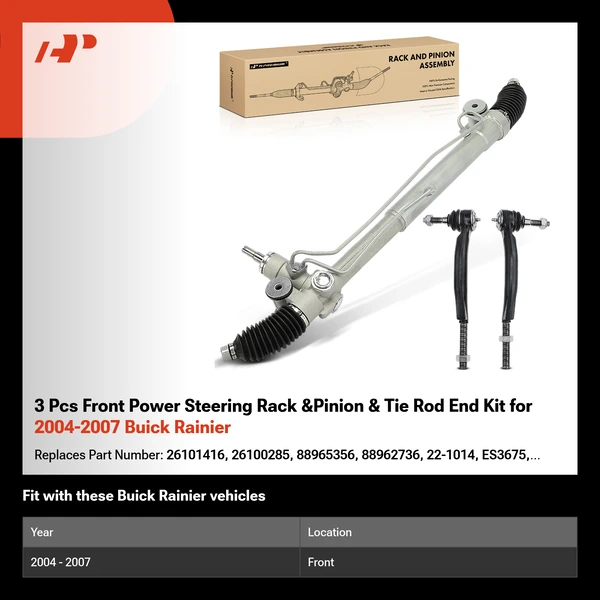 3 Pcs Front Power Steering Rack &Pinion & Tie Rod End Kit for 2004-2007 Buick Rainier