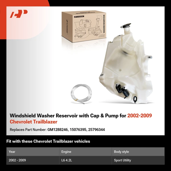 Windshield Washer Reservoir with Cap & Pump for 2002-2009 Chevrolet Trailblazer
