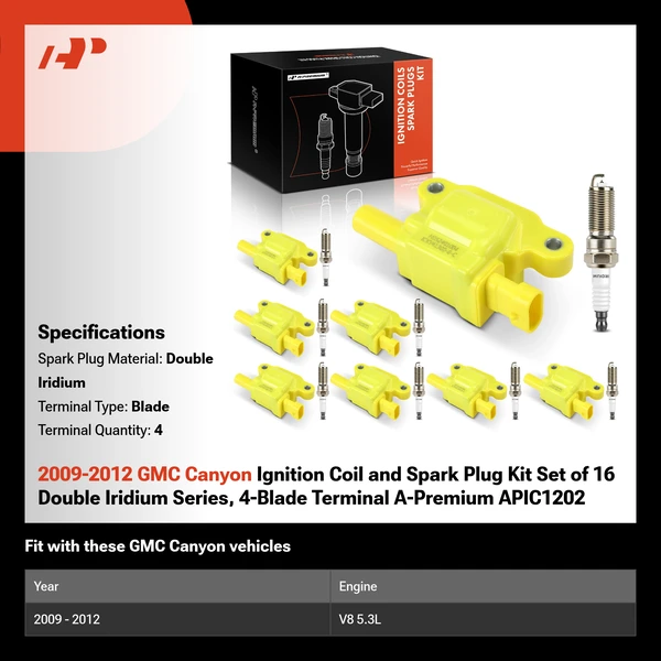 2009-2012 GMC Canyon Ignition Coil and Spark Plug Kit Set of 16 Double Iridium Series, 4-Blade Terminal A-Premium APIC1202