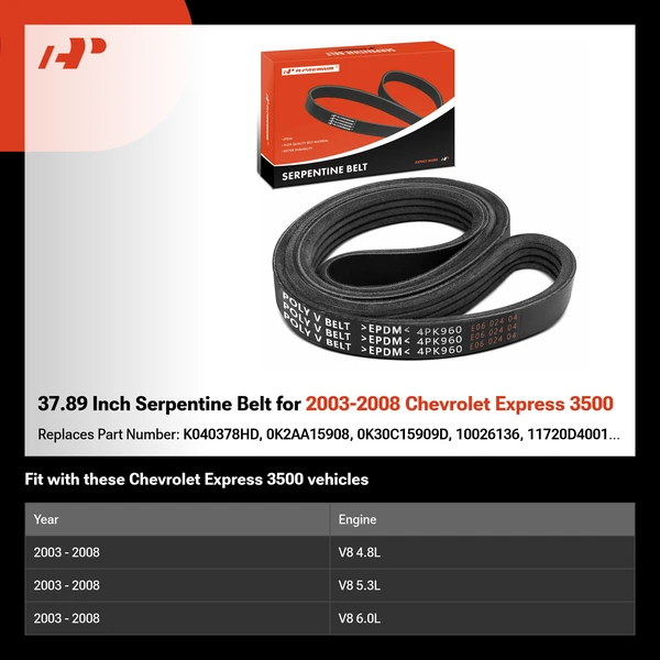 37.89 Inch Serpentine Belt for 2003-2008 Chevrolet Express 3500