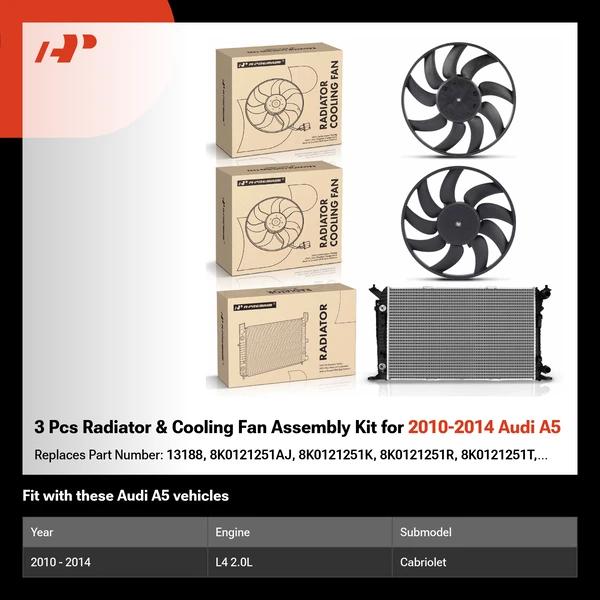 3 Pcs Radiator & Cooling Fan Assembly Kit for 2010-2014 Audi A5