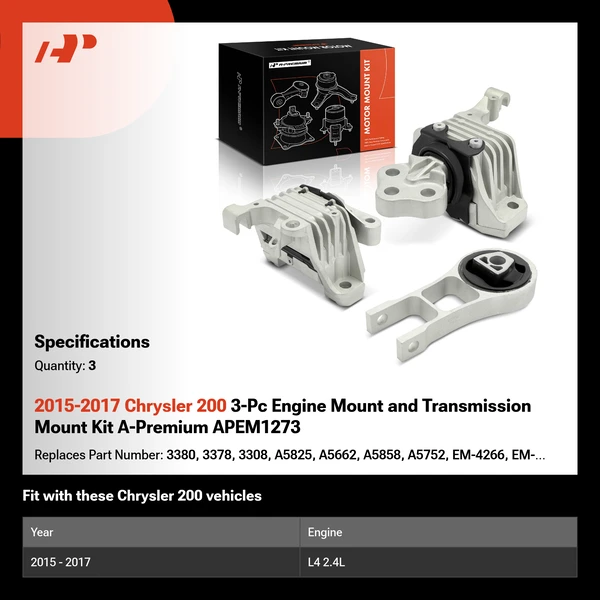 2015-2017 Chrysler 200 3-Pc Engine Mount and Transmission Mount Kit A-Premium APEM1273