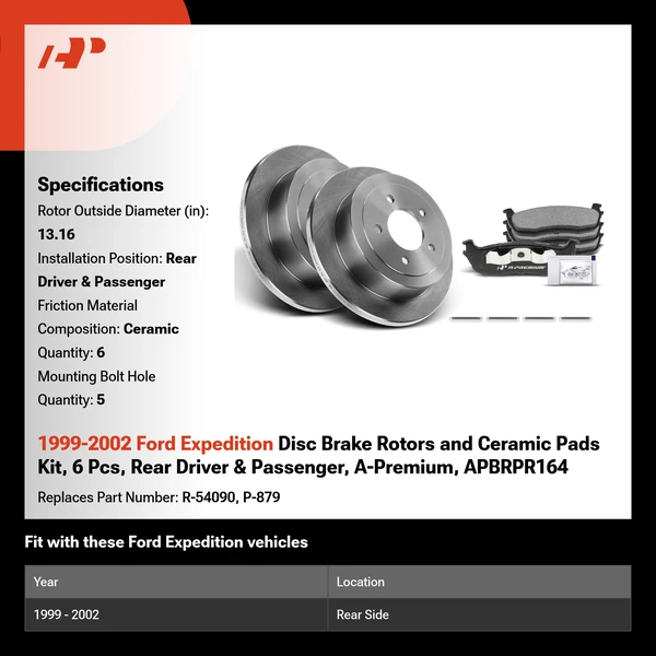 1999-2002 Ford Expedition Disc Brake Rotors and Ceramic Pads Kit, 6 Pcs, Rear Driver & Passenger, A-Premium, APBRPR164