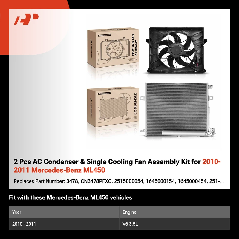 2 Pcs AC Condenser & Single Cooling Fan Assembly Kit for 2010-2011 Mercedes-Benz ML450