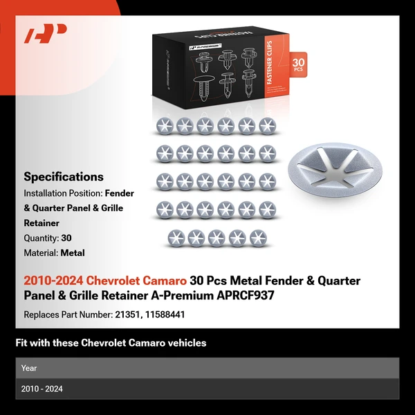 2010-2024 Chevrolet Camaro 30 Pcs Metal Fender & Quarter Panel & Grille Retainer A-Premium APRCF937