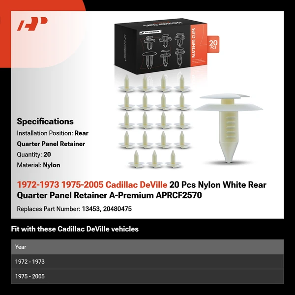1972-1973 1975-2005 Cadillac DeVille 20 Pcs Nylon White Rear Quarter Panel Retainer A-Premium APRCF2570