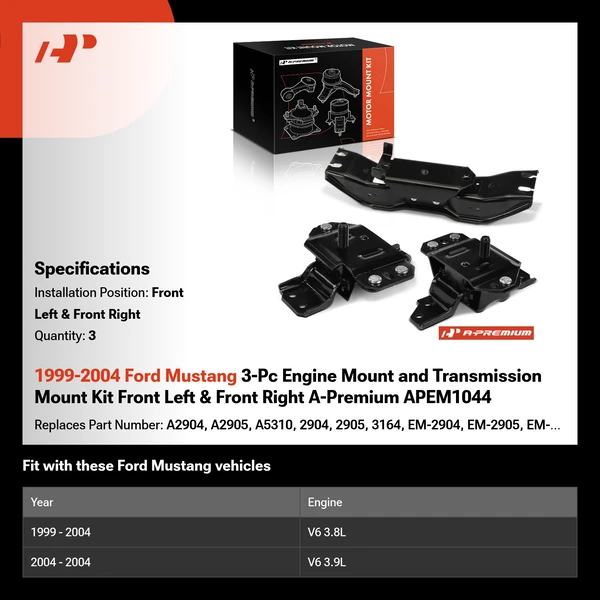 1999-2004 Ford Mustang 3-Pc Engine Mount and Transmission Mount Kit Front Left & Front Right A-Premium APEM1044