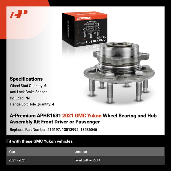 A-Premium APHB1631 2021 GMC Yukon Wheel Bearing and Hub Assembly Kit Front Driver or Passenger