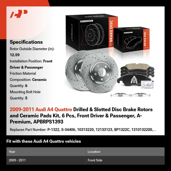 2009-2011 Audi A4 Quattro Drilled & Slotted Disc Brake Rotors and Ceramic Pads Kit, 6 Pcs, Front Driver & Passenger, A-Premium, APBRPS1393