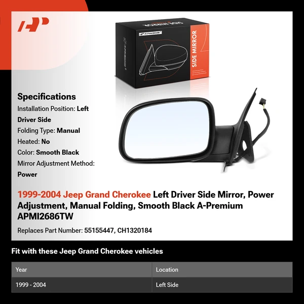 1999-2004 Jeep Grand Cherokee Left Driver Side Mirror, Power Adjustment, Manual Folding, Smooth Black A-Premium APMI2686TW