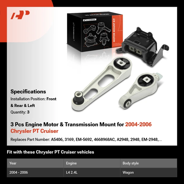 3 Pcs Engine Motor & Transmission Mount for 2004-2006 Chrysler PT Cruiser