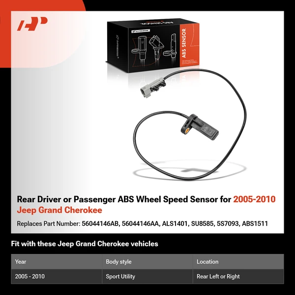 Rear Driver or Passenger ABS Wheel Speed Sensor for 2005-2010 Jeep Grand Cherokee