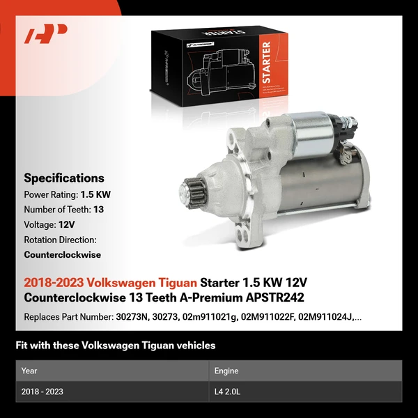 2018-2023 Volkswagen Tiguan Starter 1.5 KW 12V Counterclockwise 13 Teeth A-Premium APSTR242