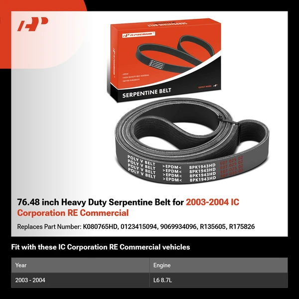 76.48 inch Heavy Duty Serpentine Belt for 2003-2004 IC Corporation RE Commercial