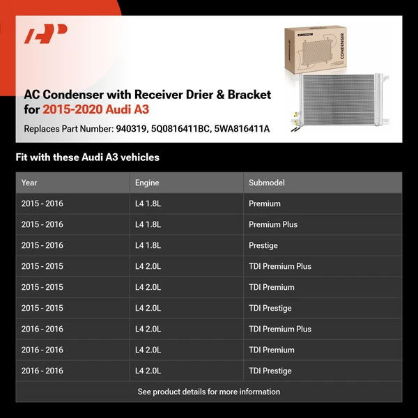 AC Condenser with Receiver Drier & Bracket for 2015-2020 Audi A3