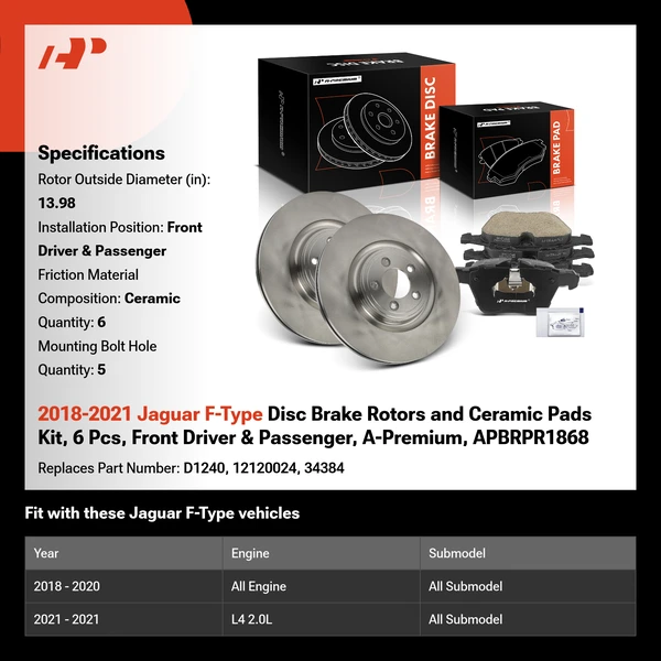 2018-2021 Jaguar F-Type Disc Brake Rotors and Ceramic Pads Kit, 6 Pcs, Front Driver & Passenger, A-Premium, APBRPR1868