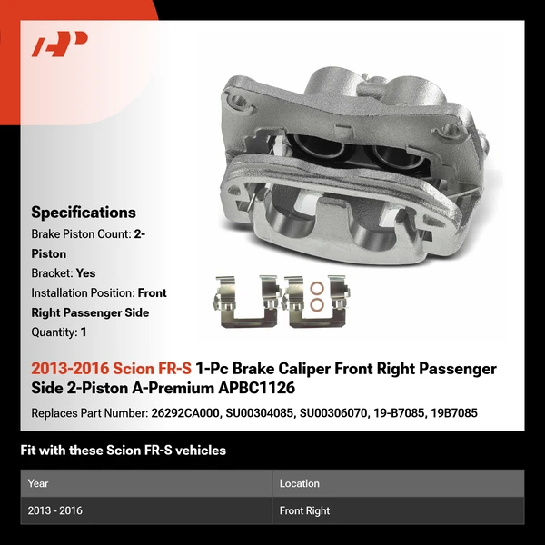 2013-2016 Scion FR-S 1-Pc Brake Caliper Front Right Passenger Side 2-Piston A-Premium APBC1126