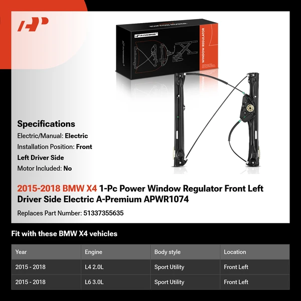 2015-2018 BMW X4 1-Pc Power Window Regulator Front Left Driver Side Electric A-Premium APWR1074