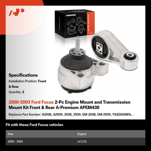 2000-2003 Ford Focus 2-Pc Engine Mount and Transmission Mount Kit Front & Rear A-Premium APEM430
