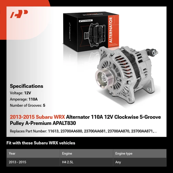 2013-2015 Subaru WRX Alternator 110A 12V Clockwise 5-Groove Pulley A-Premium APALT830
