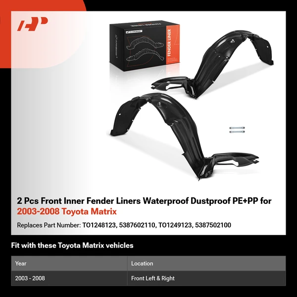 2 Pcs Front Inner Fender Liners Waterproof Dustproof PE+PP for 2003-2008 Toyota Matrix