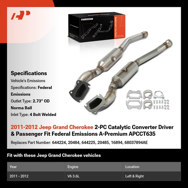 2011-2012 Jeep Grand Cherokee 2-PC Catalytic Converter Driver & Passenger Fit Federal Emissions A-Premium APCCT635