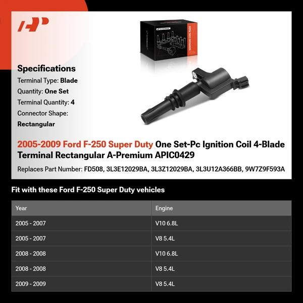 2005-2009 Ford F-250 Super Duty One Set-Pc Ignition Coil 4-Blade Terminal Rectangular A-Premium APIC0429
