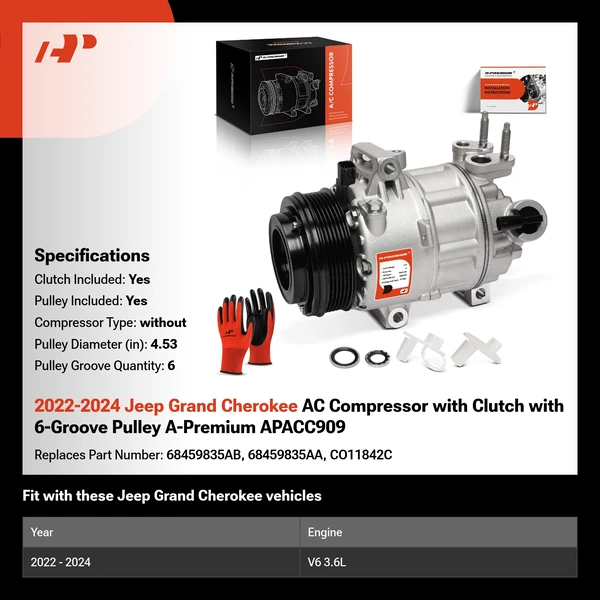 2022-2024 Jeep Grand Cherokee AC Compressor with Clutch with 6-Groove Pulley A-Premium APACC909