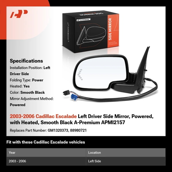 2003-2006 Cadillac Escalade Left Driver Side Mirror, Powered, with Heated, Smooth Black A-Premium APMI2157