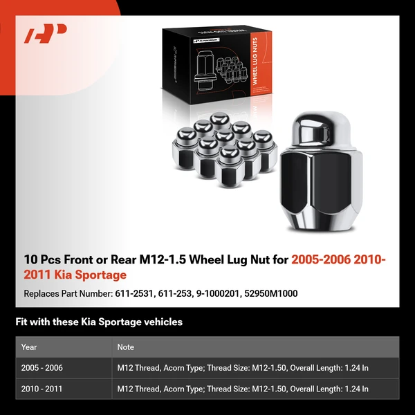 10 Pcs Front or Rear M12-1.5 Wheel Lug Nut for 2005-2006 2010-2011 Kia Sportage