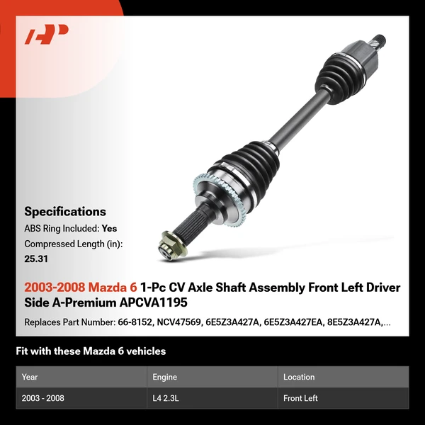 2003-2008 Mazda 6 1-Pc CV Axle Shaft Assembly Front Left Driver Side A-Premium APCVA1195