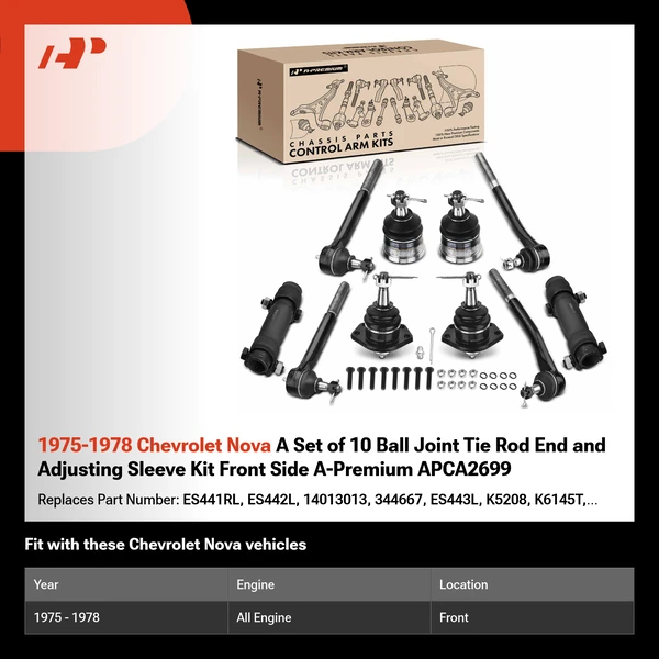 1975-1978 Chevrolet Nova A Set of 10 Ball Joint Tie Rod End and Adjusting Sleeve Kit Front Side A-Premium APCA2699