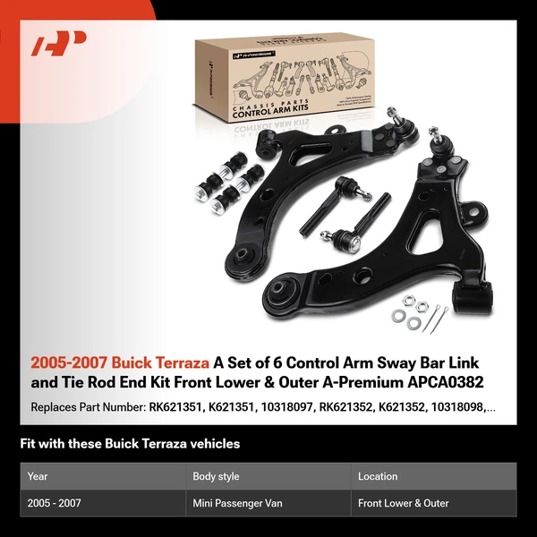 2005-2007 Buick Terraza A Set of 6 Control Arm Sway Bar Link and Tie Rod End Kit Front Lower & Outer A-Premium APCA0382