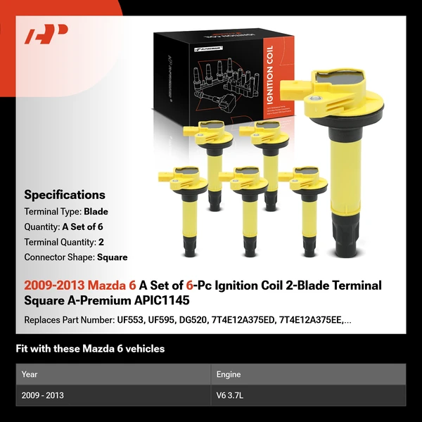 2009-2013 Mazda 6 A Set of 6-Pc Ignition Coil 2-Blade Terminal Square A-Premium APIC1145