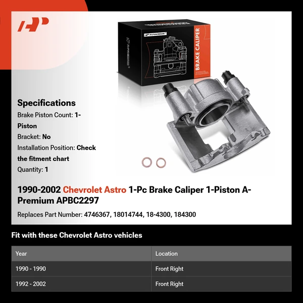 1990-2002 Chevrolet Astro 1-Pc Brake Caliper 1-Piston A-Premium APBC2297