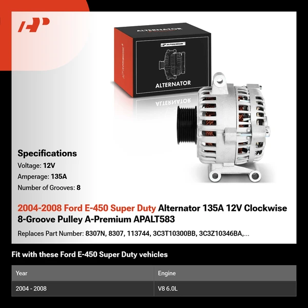2004-2008 Ford E-450 Super Duty Alternator 135A 12V Clockwise 8-Groove Pulley A-Premium APALT583