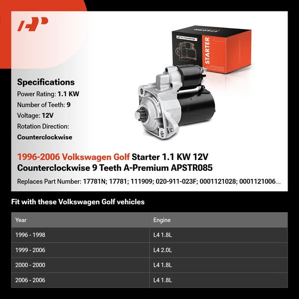 1996-2006 Volkswagen Golf Starter 1.1 KW 12V Counterclockwise 9 Teeth A-Premium APSTR085