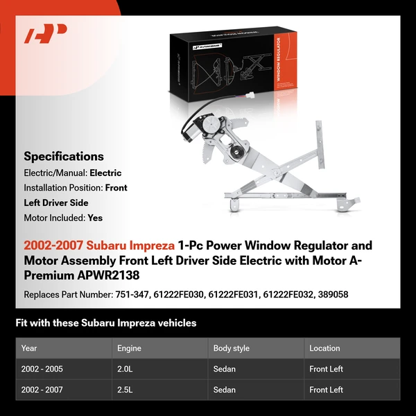 2002-2007 Subaru Impreza 1-Pc Power Window Regulator and Motor Assembly Front Left Driver Side Electric with Motor A-Premium APWR2138