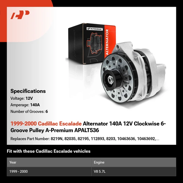 1999-2000 Cadillac Escalade Alternator 140A 12V Clockwise 6-Groove Pulley A-Premium APALT536