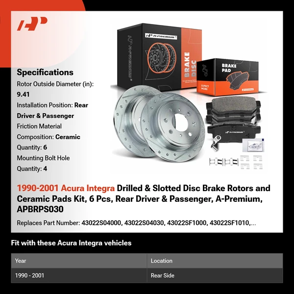 1990-2001 Acura Integra Drilled & Slotted Disc Brake Rotors and Ceramic Pads Kit, 6 Pcs, Rear Driver & Passenger, A-Premium, APBRPS030